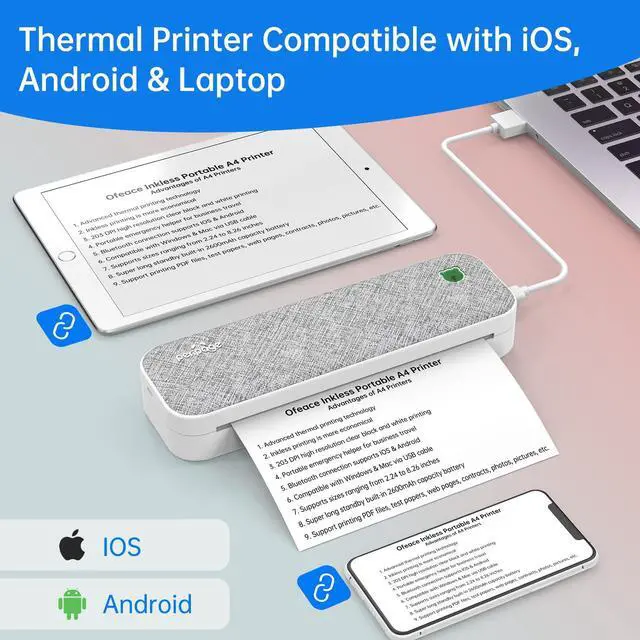 Alt view image 3 of 4 - Ofeace Portable Printer Wireless for Travel, Bluetooth Thermal Printer, Support 8.5x11 & A4 Thermal Paper, Compatible with Android and iOS Phone & Laptop, Mobile Inkless Printer