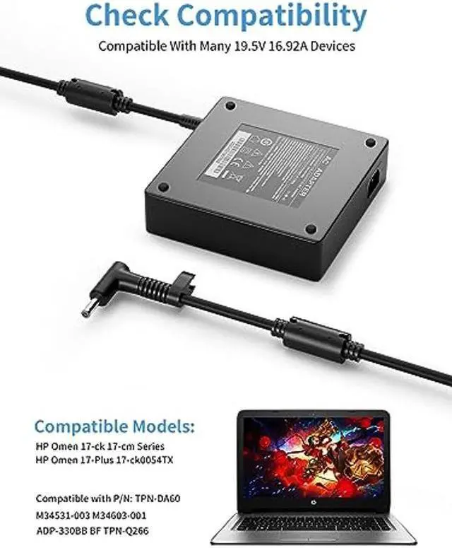 Alt view image 4 of 5 - 330W Smart AC Power Adapter Compatible with HP OMEN 17 17.3 inch Gaming Laptop PC Charger Model 17-ck1020nr 17-ck1111nr 16-n0797nr 16-n0033dx ADP-330BB BF M34531-003 M34603-001 Power Supply Cord