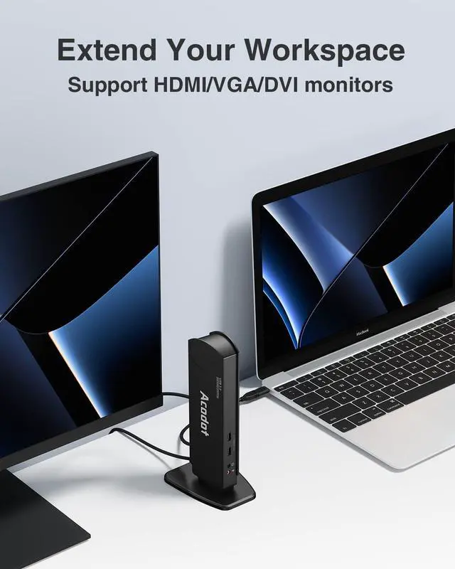Alt view image 2 of 5 - Acodot USB 3.0 Universal Docking Station, 13 in 1 Laptop Docking Station Dual Monitor for Windows and Mac, USB C Docking Station with HDMI, VGA, DVI, 6X USB 3.0, Gigabit Ethernet, Audio