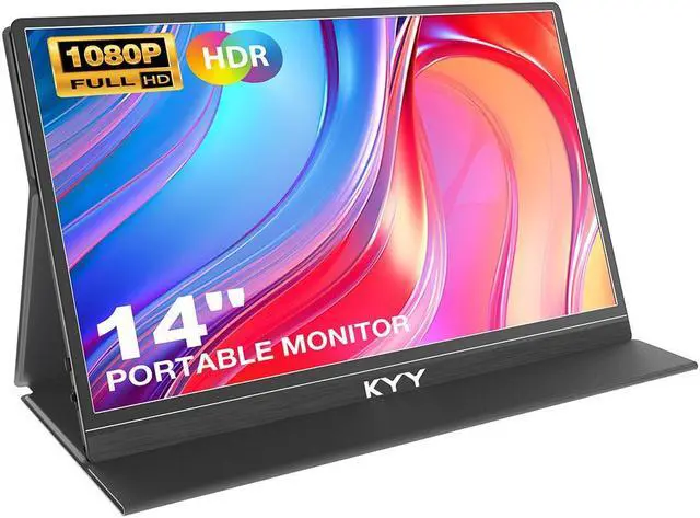 Main image of KYY Portable Monitor for Laptop, 14" FHD 1080P Travel Monitor, USB-C & HDMI Computer Gaming Screen with VESA Mount & Smart Cover, Dual Speakers, for Mac PC Phone Xbox PS5 Switch