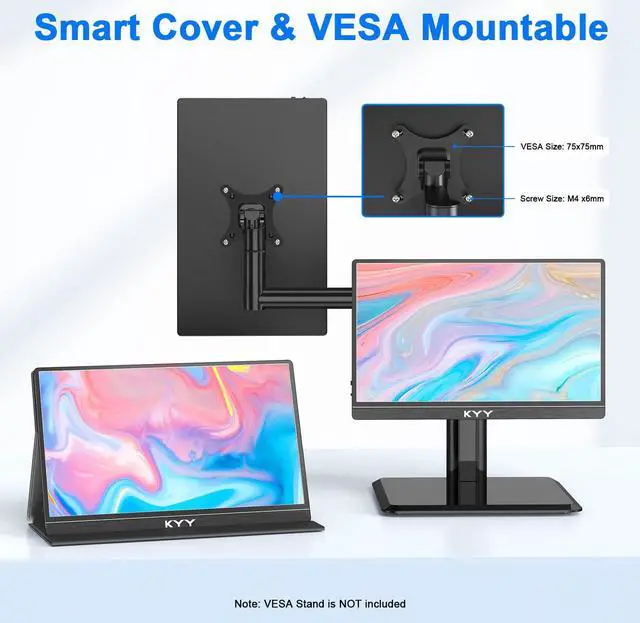 Alt view image 4 of 5 - KYY Portable Monitor for Laptop, 14" FHD 1080P Travel Monitor, USB-C & HDMI Computer Gaming Screen with VESA Mount & Smart Cover, Dual Speakers, for Mac PC Phone Xbox PS5 Switch