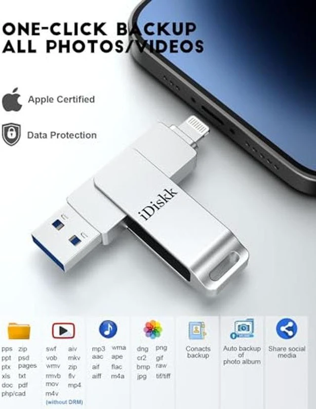 Alt view image 2 of 5 - Mfi Certified iDiskk 1TB USB Flash Drive Storage Photo Stick for iPhone (14/13/12/11 Pro/Plus/Pro Max,13/12 Mini,XR,XS,XS Max,X),Lightning iPad, MacBook/PC External USB Storage