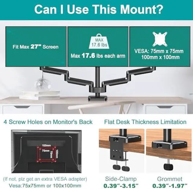 Alt view image 4 of 4 - MOUNT PRO Triple Monitor Desk Mount - Articulating Gas Spring Monitor Arm, Removable with Clamp and Grommet Base - Fits 13 to 27 Inch LCD Computer Monitors, VESA 75x75, 100x100