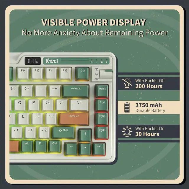 Alt view image 4 of 4 - KZZI K75 PRO RGB 75% Wireless Gasket Mechanical Keyboard, Triple Mode BT 5.0/2.4G/USB-C 82 Keys Hot Swappable Gaming Keyboard w/Knob & Power Display, Custom Linear Switches, Green