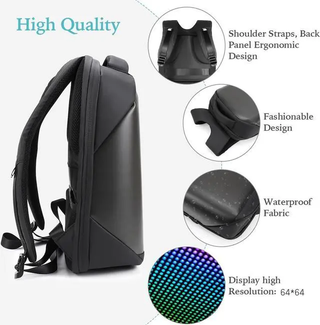 Alt view image 4 of 5 - Raoaoqoon Led Backpack with Programmable Screen,HD Color Screen App Control 15.6 inches Laptop Backpack, Waterproof led bag, Travel, Motorcycle Backpack