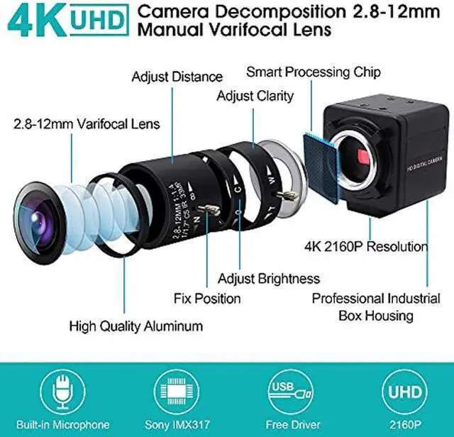 Alt view image 4 of 4 - ALPCAM USB Camera 4K Ultra HD 2160P Webcam Optical Manual Wide Angle Webcam with 2.8-12mm Varifocal Lens,IMX317 Sensor USB Zoom Video Conference Camera Support OPENCV on Mac/Window/Linux