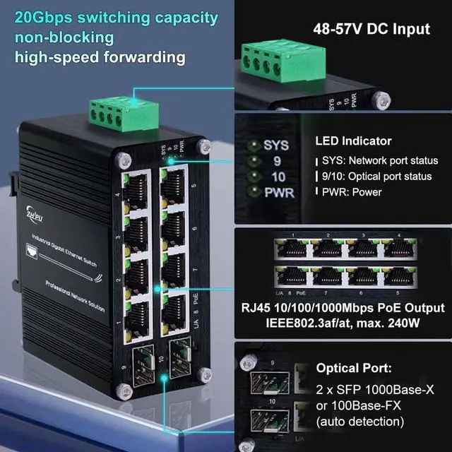 Alt view image 3 of 4 - Ndarepoo Mini Compact Industrial 8-Port 10/100/1000T 802.3at 30W PoE + 2-Port 100/1000X SFP Din Rail Unmanaged Switch Ethernet Switch IEEE802.3af/at 30W/240W 48-57V DC Input