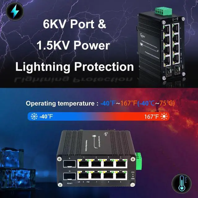Alt view image 4 of 4 - Ndarepoo Mini Compact Industrial 8-Port 10/100/1000T 802.3at 30W PoE + 2-Port 100/1000X SFP Din Rail Unmanaged Switch Ethernet Switch IEEE802.3af/at 30W/240W 48-57V DC Input