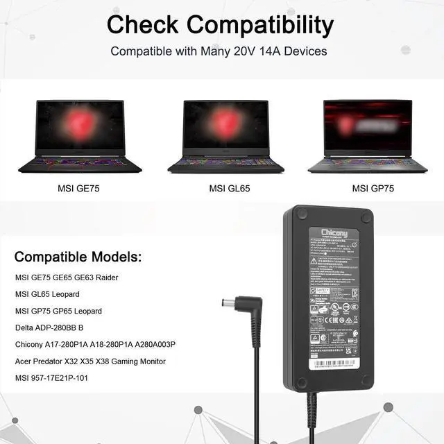 Alt view image 2 of 5 - 20V 14A 280W Laptop Charger for MSI GE75 GE65 GE63 GL65 GP75 GP65 MSI 957-17E21P-101 Power Adapter A18-280P1A A280A003P ADP-280BB B