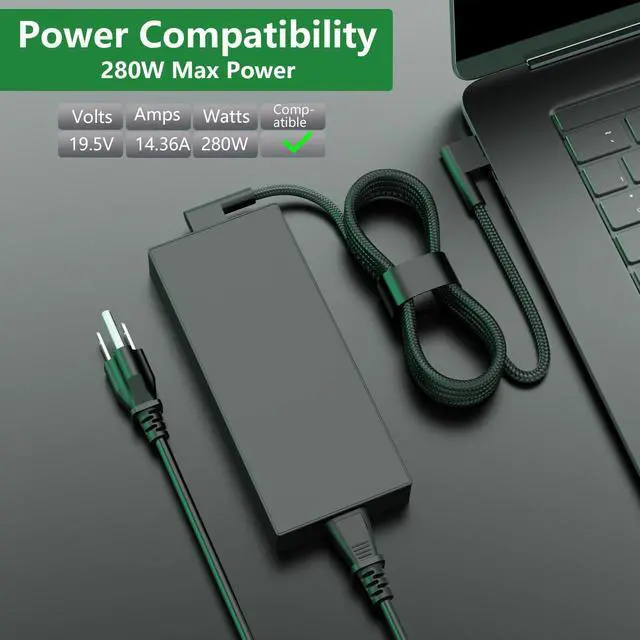 Alt view image 5 of 5 - 280W 14.36A 19.5V GaN Laptop Charger for Razer Blade 16 17 18 RTX 4060 RTX 4070 RC30-042 RZ09-0423 RC30-04230200 AC Power Supply Adapter Cord