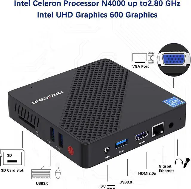 Alt view image 3 of 5 - KODLIX Mini PC Celeron N4020(up to 2.8GHz), DDR4 4GB/64GB eMMC Mini PC Fanless UHD 4k@60Hz, Mini Computer Support HDMI&VGA, USB3.0, 2.4/5.8G Wi-Fi, DIY NGFF 2242 SSD
