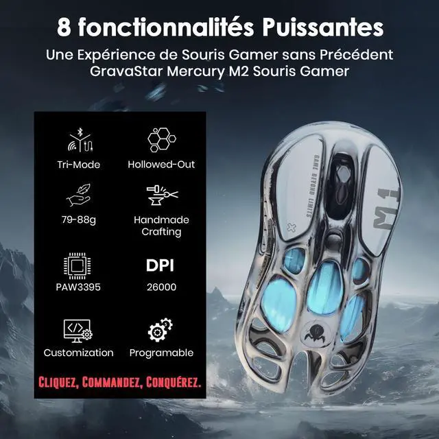 Alt view image 2 of 5 - GravaStar Mercury M1 Pro Gaming Mouse, MMO Computer Gaming Mice with 4K Receiver, 26,000 DPI, 88g Lightweight Hollowed-Out Design, 5 Programmable Buttons, 5 Dynamic Lightsync RGB Modes, Silver Mist