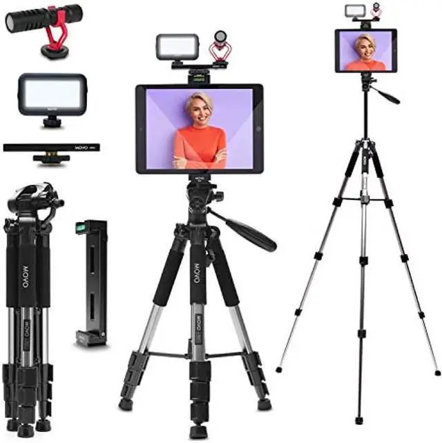 Main image of Movo Tablet Vlogging Kit for iPad - iPad Vlogging Kit with Tablet Holder, Full Size Tripod, Microphone, LED Light, Cold Shoe Extension - YouTube Starter Kit with iPad Tripod Mount for Video Recording