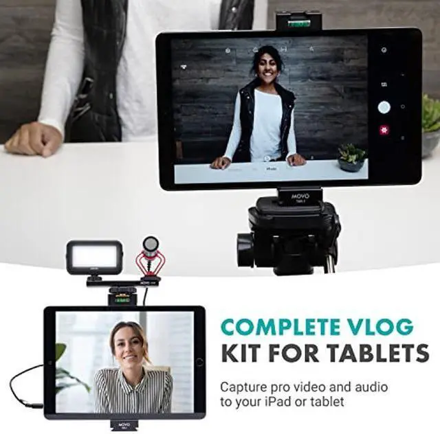 Alt view image 2 of 5 - Movo Tablet Vlogging Kit for iPad - iPad Vlogging Kit with Tablet Holder, Full Size Tripod, Microphone, LED Light, Cold Shoe Extension - YouTube Starter Kit with iPad Tripod Mount for Video Recording