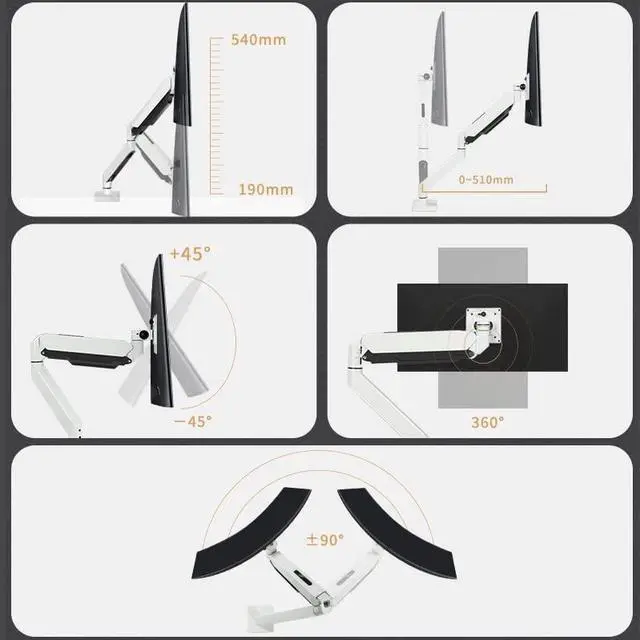 Alt view image 3 of 5 - HILLPORT White Ultrawide Single Monitor Arm Heavy Duty Desk Mount Computer Stand for 17 to 45 inch Adjustable Gas Spring Bracket, Screen up to 30lbs with VESA max 100x100mm M7P