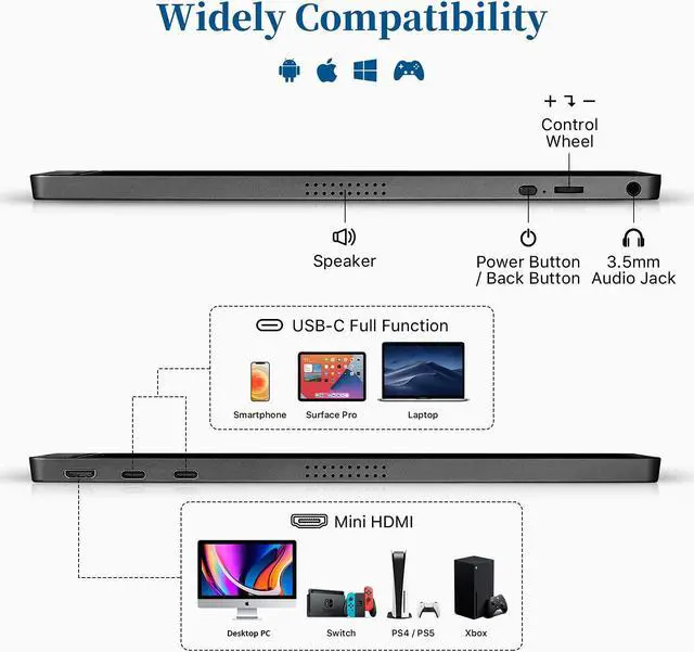 Alt view image 3 of 5 - KYY Portable Monitor 15.6'' 1080P FHD USB-C Laptop Monitors w/Smart Cover & Dual Speaker, HDMI Computer Display IPS HDR External Gaming Monitor for PC Phone Mac Xbox PS4 Switch[Upgraded]