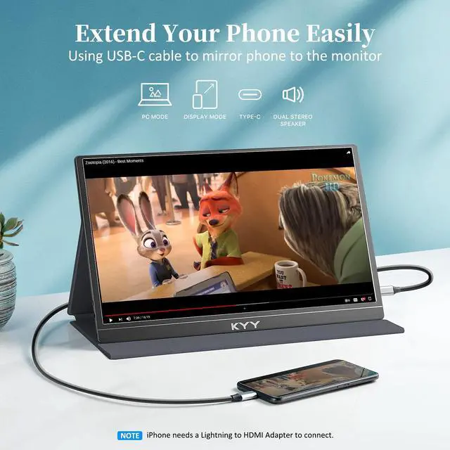 Alt view image 5 of 5 - KYY Portable Monitor 15.6'' 1080P FHD USB-C Laptop Monitors w/Smart Cover & Dual Speaker, HDMI Computer Display IPS HDR External Gaming Monitor for PC Phone Mac Xbox PS4 Switch[Upgraded]