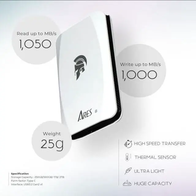 Alt view image 2 of 5 - DATO 2TB Portable SSD, ARES Torch External SSD, Up to 1050/1000 MB/s, USB 3.2 Gen 2x1 Type C Super Light & Compact Portable Solid State Drive