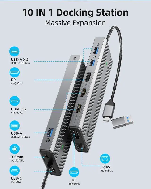 Alt view image 2 of 3 - Displaylink Dock,Displaylink Docking Station Dual Monitor,10Gbps USB C Docking Station for MacBook M1/M2/M3/Windows,Laptop Docking Station with 2 HDMI 4K,2 PD 4K, Ethernet,USB 3.2,Mic/Audio,100W PD