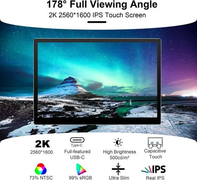 Alt view image 2 of 5 - wisecoco Portable Monitor 9 inch 2K 2560 * 1600 IPS Touch Screen 73% NTSC USB C HDMI Secondary External Computer Laptop LCD Monitor for MacBook Pro Air PC Laptop Phone Xbox PS5