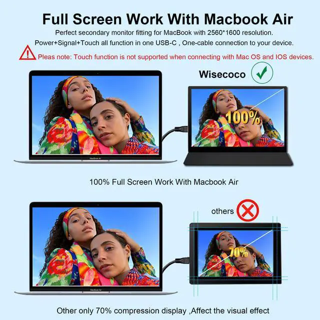 Alt view image 5 of 5 - wisecoco Portable Monitor 9 inch 2K 2560 * 1600 IPS Touch Screen 73% NTSC USB C HDMI Secondary External Computer Laptop LCD Monitor for MacBook Pro Air PC Laptop Phone Xbox PS5