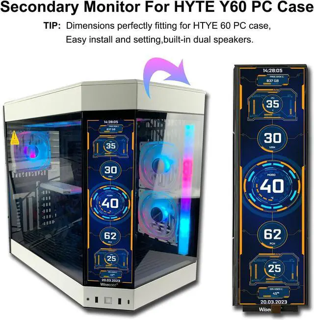 Alt view image 2 of 5 - wisecoco 1920x515 IPS DIY Kits with Dual Built-in Speakers Bar LCD Screen HDMI Display Monitor for Hyte Y60 Computer Gaming PC Case CPU GPU Secondary Monitor Easy Install Dimension Y60
