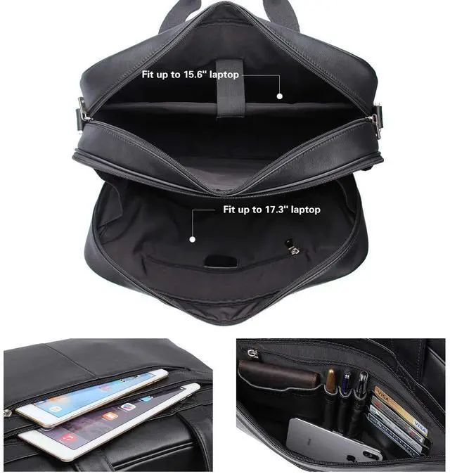 Alt view image 3 of 5 - Polare 17'' Full Grain Leather Professional Briefcase Work Bag Business Case for Men Fits 15.6'' Laptop