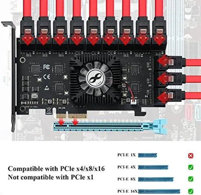 Alt view image 3 of 5 - MZHOU PCIe SATA Card 24 Port, 6Gbps SATA 3.0 PCIe Card,Support 24 SATA 4X 8X 16X 3.0 Devices, with SATA Cables&SATA Power Splitter Cable(1064+1812 Chip)