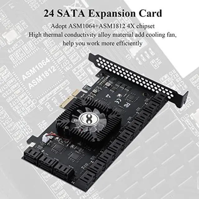 Alt view image 4 of 5 - MZHOU PCIe SATA Card 24 Port, 6Gbps SATA 3.0 PCIe Card,Support 24 SATA 4X 8X 16X 3.0 Devices, with SATA Cables&SATA Power Splitter Cable(1064+1812 Chip)