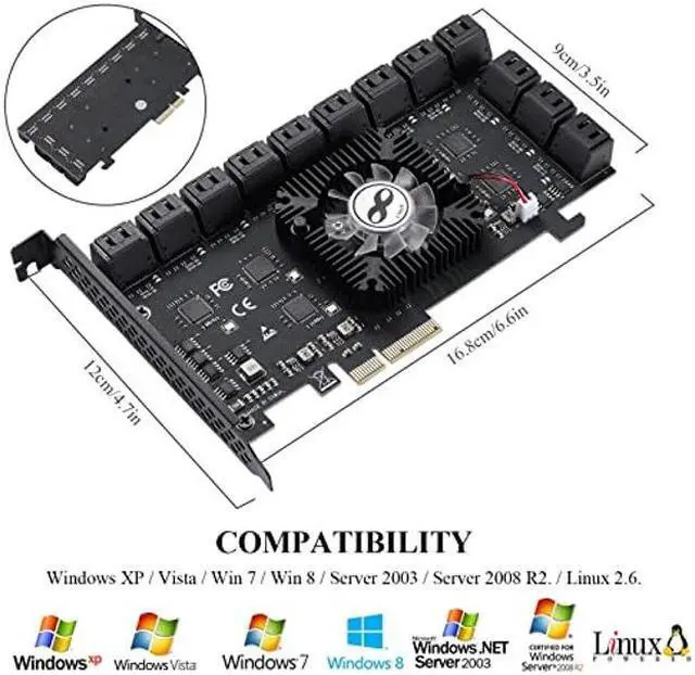 Alt view image 5 of 5 - MZHOU PCIe SATA Card 24 Port, 6Gbps SATA 3.0 PCIe Card,Support 24 SATA 4X 8X 16X 3.0 Devices, with SATA Cables&SATA Power Splitter Cable(1064+1812 Chip)