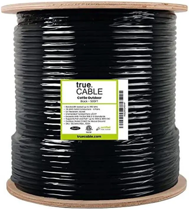Alt view image 3 of 4 - trueCABLE Cat5e Outdoor, Unshielded UTP, 500ft, UV Resistant, Aerial CMX Rated, Black, 24AWG Solid Bare Copper, 350MHz, PoE++ (4PPoE), ETL Listed, Bulk Ethernet Cable