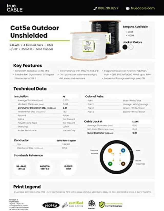 Alt view image 4 of 4 - trueCABLE Cat5e Outdoor, Unshielded UTP, 500ft, UV Resistant, Aerial CMX Rated, Black, 24AWG Solid Bare Copper, 350MHz, PoE++ (4PPoE), ETL Listed, Bulk Ethernet Cable