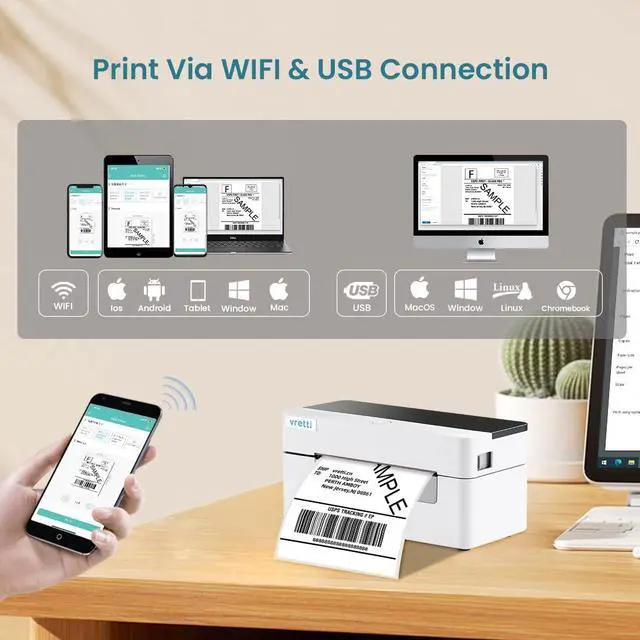 Alt view image 4 of 5 - vretti Wi-Fi Thermal Label Printer - Wireless Shipping Label Printer for Small Business & Package - D463B 4x6 Label Printer Compatible with Etsy Ebay  Shopify USPS iPhone Android Window Mac