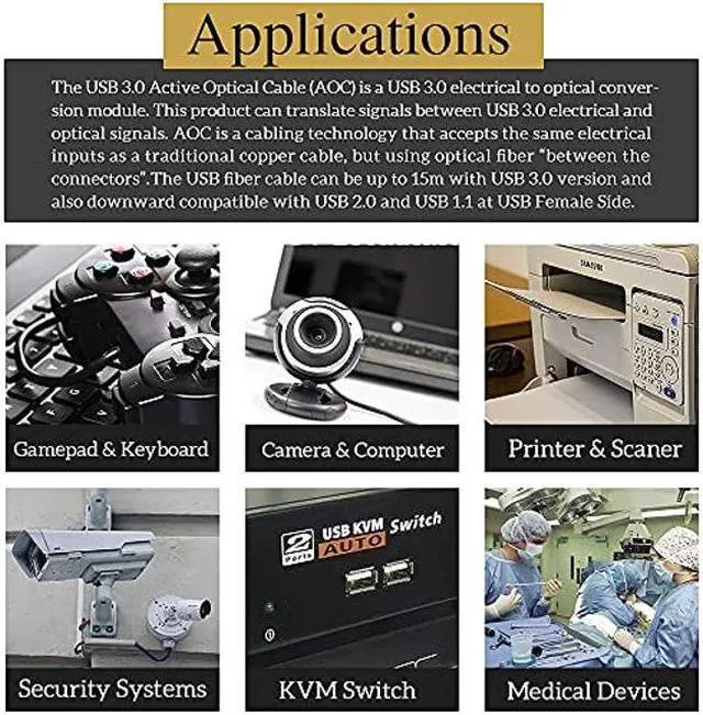 Alt view image 5 of 5 - phoossno USB 3.0 A to B Extension Cable Active Optical USB 10Gbps 50ft 15m Backward USB2.1 and USB 1.1 Compatible with Camera Printer, Scanner, Game Controller, Meeting Room/Conference Room