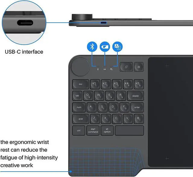 Alt view image 5 of 5 - Wireless Drawing Tablet HUION Inspiroy Keydial KD200 Bluetooth Graphic Tablet with Keyboard Dial 5 Customized Express Keys Battery-Free Pen, 8.9x5.6inch Art Tablet Work with Windows, Mac, Android
