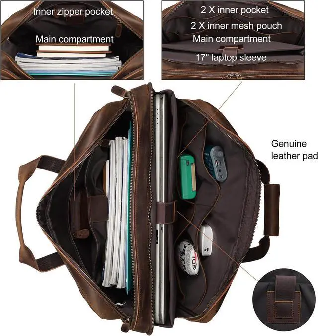 Alt view image 3 of 4 - Masa Kawa Leather Briefcase for Men 17" Laptop Crossbody Shoulder Messenger Office Bag Brown Vintage Attache Case Handbag for Business Travel Work Lawyer Large