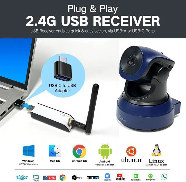 Alt view image 5 of 5 - Gsou Wireless Streaming Camera, 1080P HD Webcam, USB Plug and Play for Zoom, Skype, OBS (with Mini Tripod Stand), Angle Adjustable for PC/Mac/Laptop/MacBook