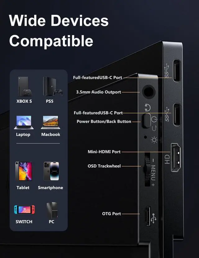 Alt view image 5 of 5 - 2.5K Portable Gaming Monitor, 16" 2520x1680 1500:1 IPS Laptop Monitor, Slim Lightweight USB C HDMI Computer Display, Gaming Screen with Speakers, Travel Monitor for Mac PC Phone PS4/5 Xbox Switch