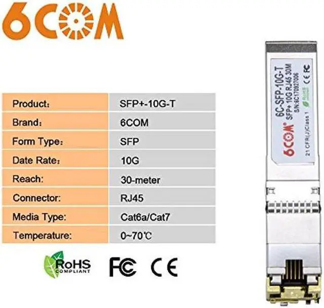 Alt view image 2 of 5 - 6COM 4Pack 10GBase-T SFP+ Transceiver, 10G T SFP+ RJ45 Copper Module CAT.6a for Cisco SFP-10G-T-S, Ubiquiti UF-RJ45-10G, Fortinet, Netgear, D-Link, Supermicro, TP-Link, up to 30m