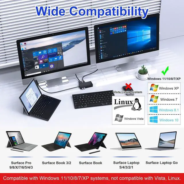 Alt view image 3 of 5 - Surface Dock Triple Displays, 12-in-1 Microsoft Surface Docking Station with 2 HDMI+VGA+Ethernet for Surface Pro 10/9/8/X/7/6/5/4/3, Surface Laptop 5/4/3/2/1,Surface Laptop Go 3/2/1,Surface Book 3/2/1