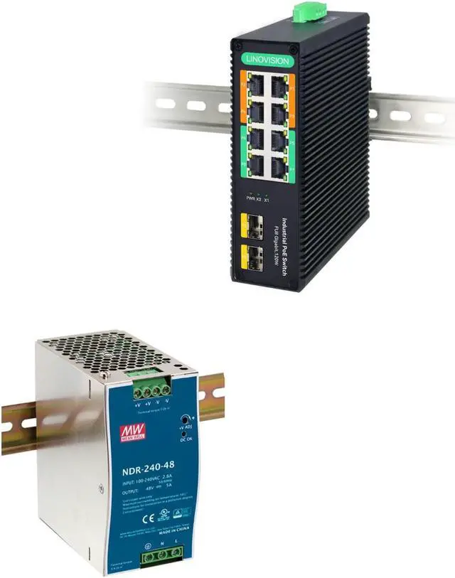 Main image of LINOVISION Industrial 8-Port Full Gigabit POE++ Switch and Mean Well NDR-240-48 48V 240W Industrial DIN Rail Power Supply