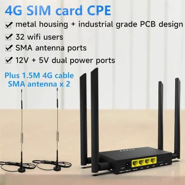 Alt view image 5 of 5 - HOSAYA GC111 Industrial Grade 4G CPE LTE SIM Card WiFi Router Tough Iron case 32 WiFi Users RJ45 X 4 Dual Power 12V/5V Big SMA Antennas Plus 1.5M Cable 4G Antennas Multiple Languages