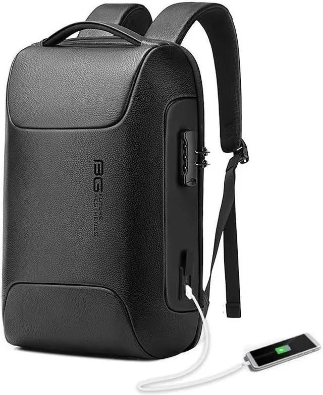 Main image of BANGE Black Genuine Leather Laptop Backpack for Men,Anti Theft Business Backpack with USB3.0 Charging Port, Smart Professional Lightweight Travel Backpacks for 15.6 Inch Laptop...