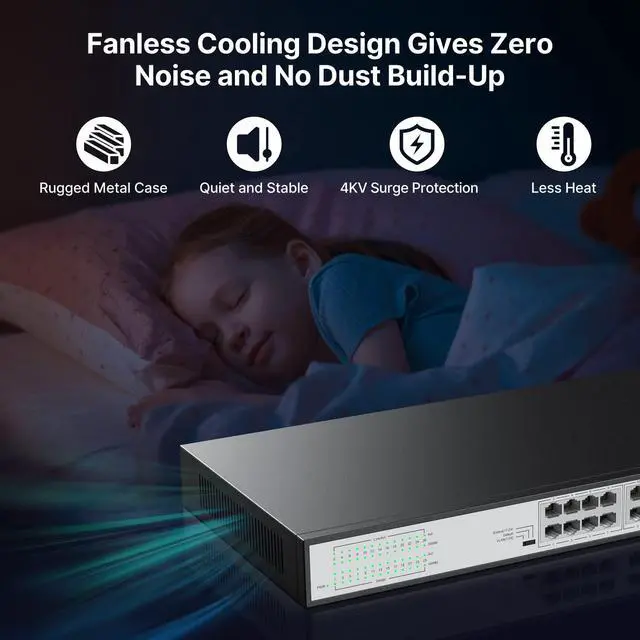 Alt view image 4 of 5 - 24 Port Full Gigabit PoE Switch with 2 Gigabit SFP Uplink Ports, Up to 30W Per Port, 48V Standard POE, Total Budget 300W, 803.af/at Compliant, Unmanaged Plug and Play, Rack Mount