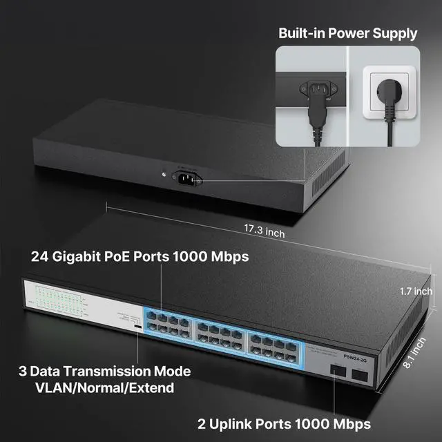 Alt view image 2 of 5 - 24 Port Full Gigabit PoE Switch with 2 Gigabit SFP Uplink Ports, Up to 30W Per Port, 48V Standard POE, Total Budget 300W, 803.af/at Compliant, Unmanaged Plug and Play, Rack Mount