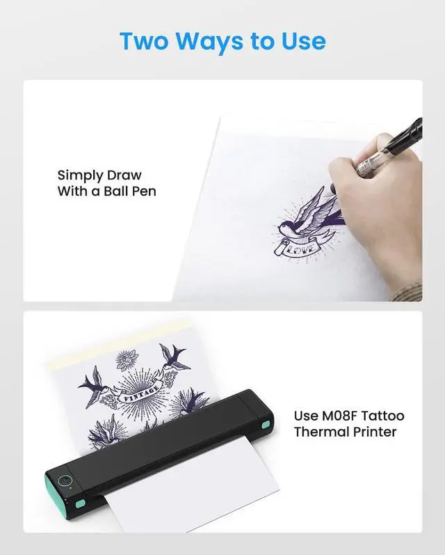 Alt view image 4 of 4 - Phomemo M08F Portable Thermal Printer & Tattoo Transfer Paper - 100 Sheets A4 Size, Bluetooth Wireless Inkless Thermal Printers for Travel & Office Compatible with Android and iOS Phone & Laptop