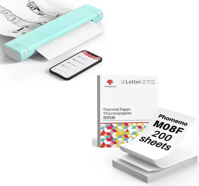 Main image of Phomemo M08F Portable Printer Green & US Letter Folding Thermal Paper Size 8.5" x 11",200 Sheets, Inkless Thermal Compact Printer, Compatible with Android and iOS Phone & Laptop