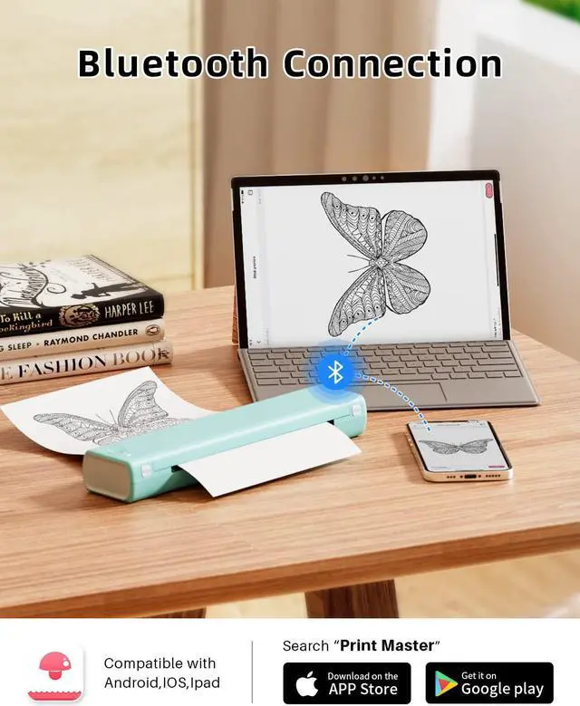 Alt view image 2 of 4 - Phomemo M08F Portable Printer Green & US Letter Folding Thermal Paper Size 8.5" x 11",200 Sheets, Inkless Thermal Compact Printer, Compatible with Android and iOS Phone & Laptop