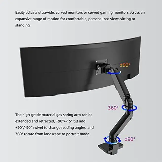Alt view image 4 of 5 - Heavy Duty Aluminum Single Gas Spring Monitor Arm Suit for Flat/Ultrawide/Cruved Monitor 34-49 inch and New 57 inches Screen Weight Capacity up to 44lbs,Black