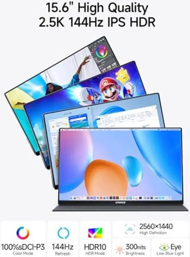 Alt view image 2 of 5 - c-force Portable Monitor 15.6inch 2.5K QHD 2560x1440 144Hz 100% P3 USB C, HDMI High Refresh Rate Computer Display HDR IPS Gaming Monitor, Speakers, for Laptop PC MAC Phone PS5 Xbox Switch